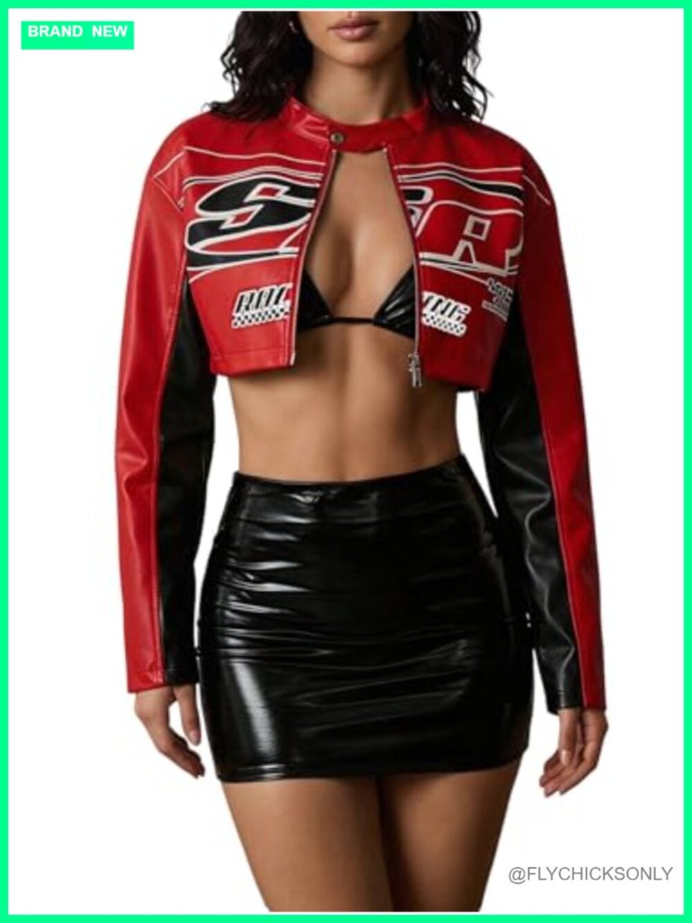 PU Leather Cropped Varsity Jacket Zip Up Color Block Motorcycle Biker Coat